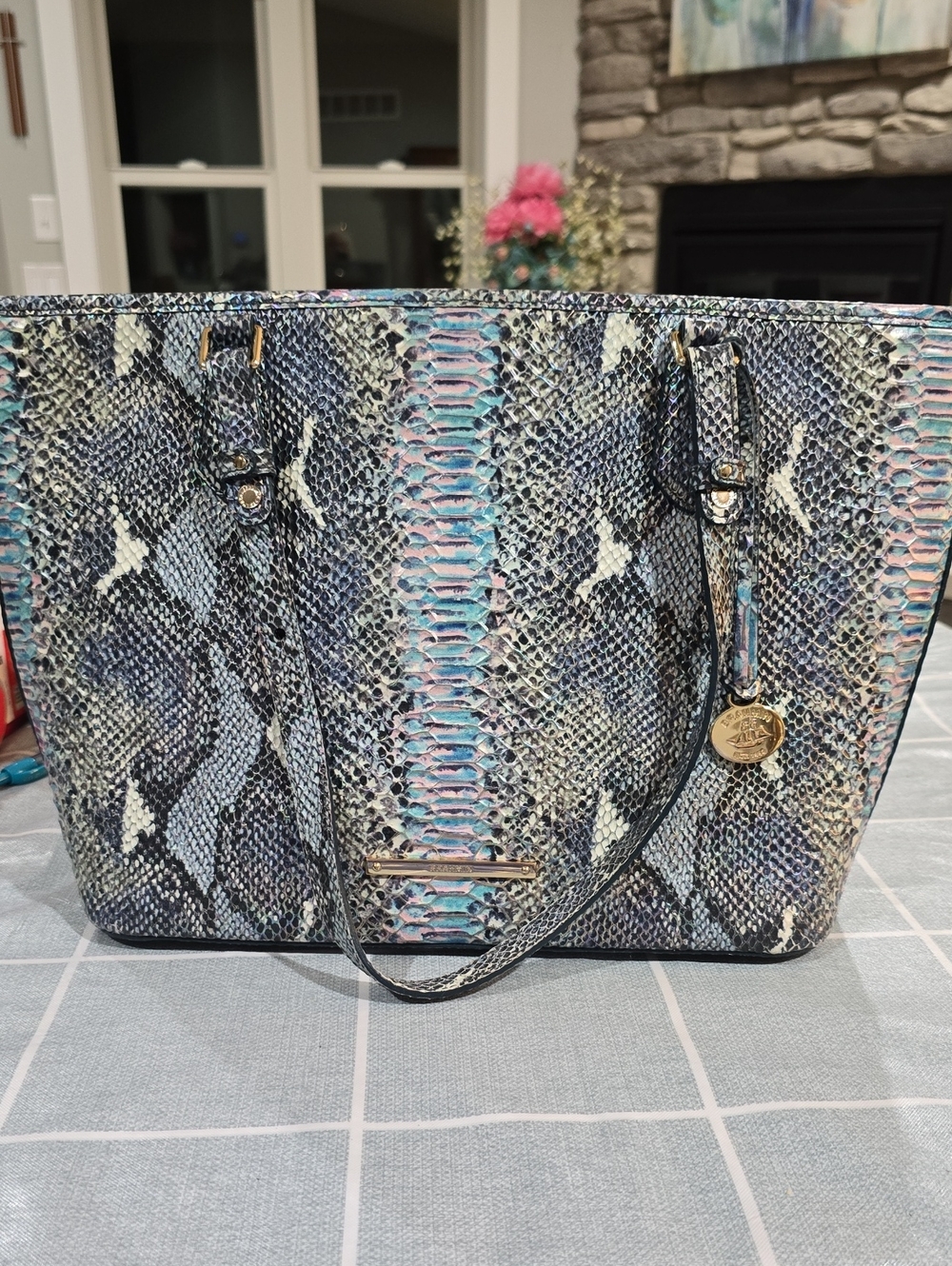 Brahmin Blue Multi Snake-Print Tote with Gold Hardware